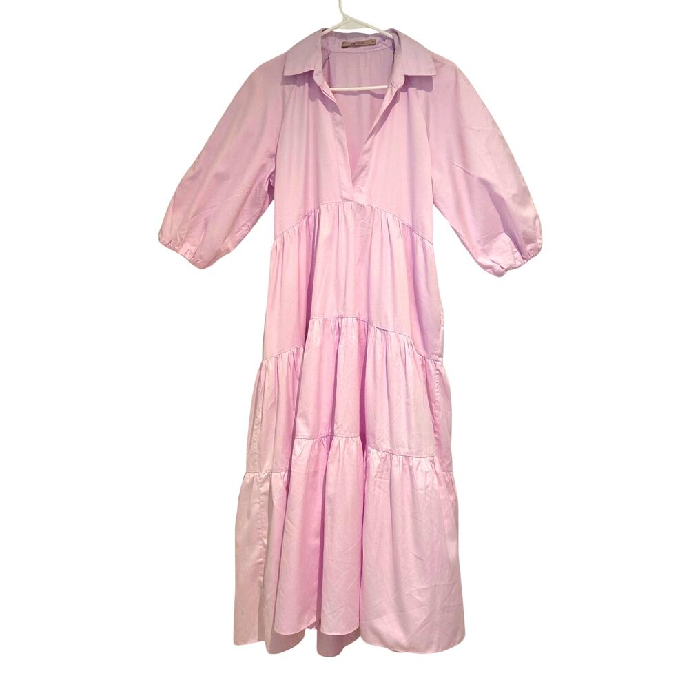 TIG Renata Figueiredo S Pink Tiered Maxi Dress Puff Sleeve Cottagecore Resort - Picture 2 of 6